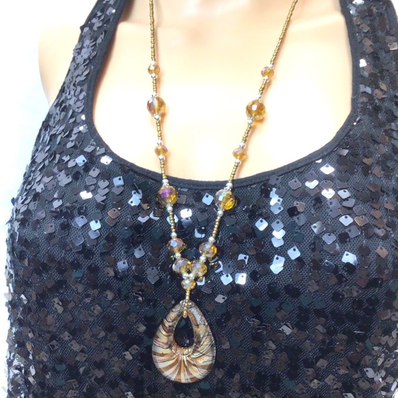 Fashion Boho Brown and Gold Glass Statement Necklace and Dangle Earring Set - Picture 7 of 9